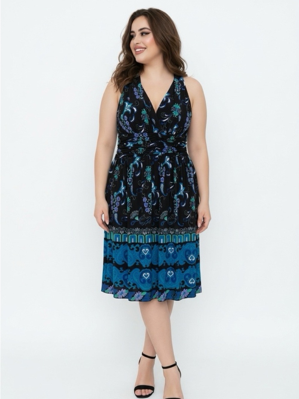 Evan Picone Black Dress with Blue & Teal Paisley Accents